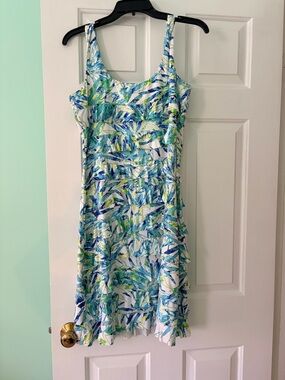 Scoop-Neck Blue & Green Printed Mini Dress